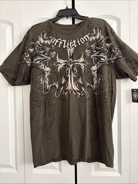 Affliction Olive Green Graphic Short Sleeve Tee with White & Black Print
